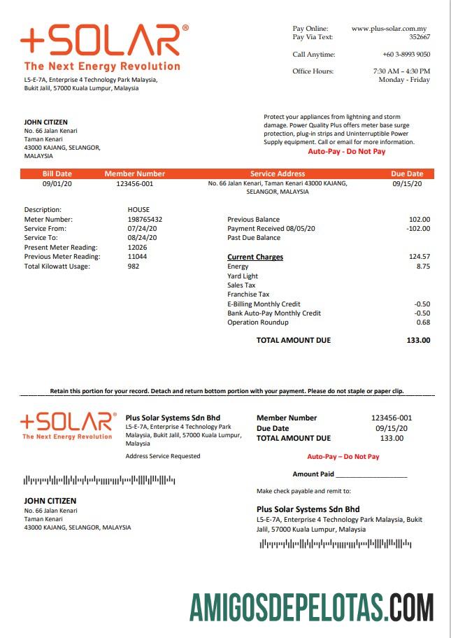 imprimível Malásia mais modelo de conta de serviços públicos Sdn Bhd de sistemas solares em formato Word e PDF